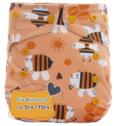 All in One Windel One-Size, einfach wie eine Wegwerfwindel | mit eingenähten Saugmaterial, Rundum Sorglos Stoffwindel, ca. 5-15kg, kein Hantieren mit Saugeinlagen, Honey Bees