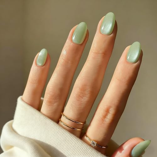 SXVME Cat Eye Press On Nails Short - Pastel Green False Nails Oval, 30 Pcs 15 Sizes Glitter Fake Nails Press ons, Thick Quality, Reusable Short Almond Glue on Nail for Women, Light Sage