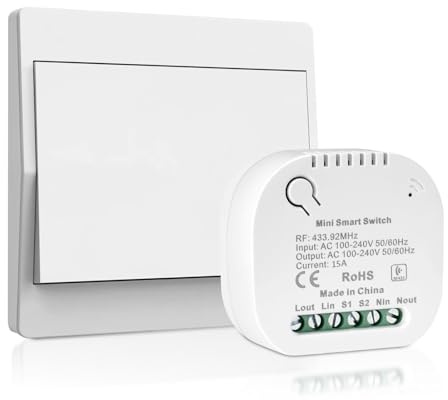 Batterieloser Funk-Lichtschalter Set 230V,Kabelloser Aufputz-Schalter & Empfänger, wasserfeste Klebeinstallation für Bad, Schlafzimmer, Garten und Hausflur (1-Gang)