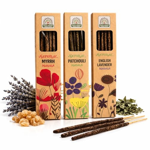 Räucherstäbchen 3er Set - Patchouli Lavendel & Myrrhe Masala | Handgerollte Masala Räucherstäbchen aus Indien mit ca. 60 Minuten Brenndauer - für Meditation, Yoga und Entspannung