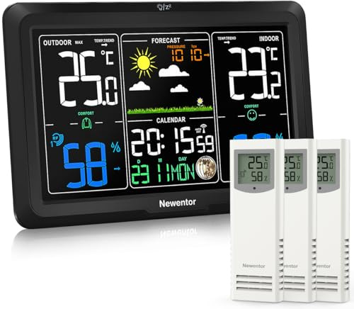 Newentor Wetterstation Funk mit Außensensor, 330° Ablesbarkeit | 7,5 VA-Farbdisplay mit klarer Anzeige, Präzise Schweizer Chip, Luftdruck, DCF, DST und Mondphase, Schwarz，3 Außensensoren.