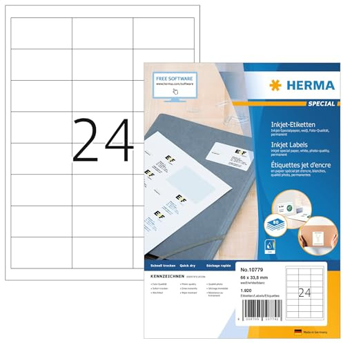 HERMA 10779 Universal Etiketten für Inkjet Drucker, 1120 Blatt, 66 x 33,8 mm, 24 pro A4 Bogen, 26880 Stück, selbstklebend, bedruckbar, matt blanko Klebeetiketten Aufkleber für Tintenstrahldrucker weiß