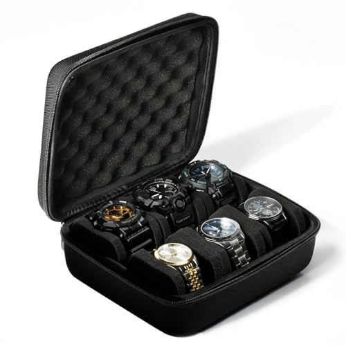 NCOALE Watch Travel Case, Watch Box 6 Slot Hard With zipper Watch Box for Men for display and organization (Black)