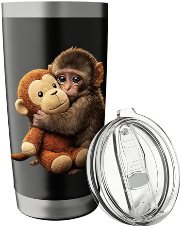Punch Monkey Insulated Tumblers, 600ml Punch Monkey Coffee Mug with Lid, Cute Stainless Steel Insulated Tumblers for Kids and Adults