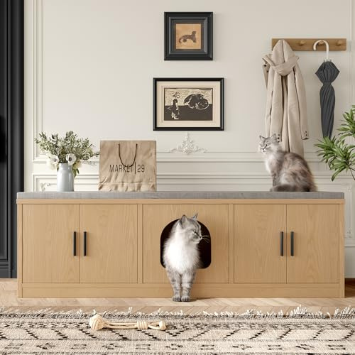 Meuble Litière Chat avec Arbre Intégré 140 cm, Cache Litière avec Ventilation, Maison Toilette Multifonctionnelle pour Entrée et Couloir, Meuble Chat Double Usage (Chêne)