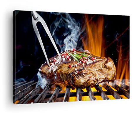 Bilder auf Leinwand Steak Grill Flammen Essen Leinwandbild 70x50cm Wandbilder Dekoration Wohnzimmer Schlafzimmer Küche Deko Klein Wanddeko Bild Wand Kunstdruck Art Wall Decor Canvas AA70x50-2865