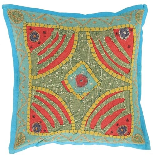 GURU SHOP Unikat Patchwork Dekokissenhülle, Indische Boho Kissenhülle - Türkisblau, Baumwolle, 40x40x0 cm