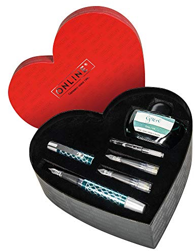 ONLINE Lettering Set in Herzbox I Schönschreibfüller Campus Diamond Turquoise I Kalligrafie-Federn in 3 Strichstärken M/EF / 1,4 mm I Konverter I Tintenglas Grün I Muttertagsgeschenk