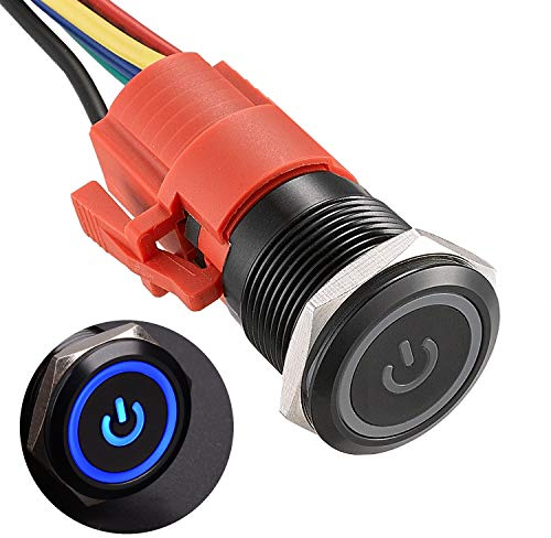 APIELE Interruttore a pressione da 19 mm, 12 VDC 5 A, in lega di alluminio con simbolo di alimentazione LED, impermeabile, interruttore a pulsante, per auto, camion, barca, camion/off (nero,