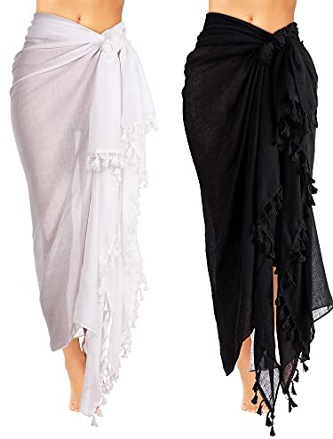 2 Stück Damen Strand Batik Sarong Badeanzug mit Quaste (Schwarz, Weiß, L)