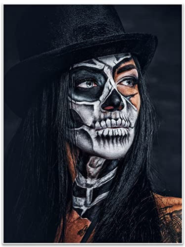 wandmotiv24 Poster als Wanddeko, Größe 80x60cm, Model mit Totenkopf Makeup, Schminke, Hut, Frau, Moderne Wanddeko, Wandbilder, Deko, Bild M0063