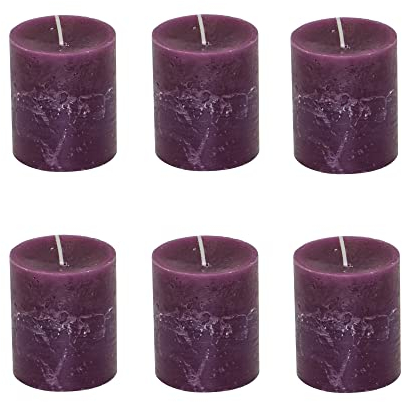 Stumpenkerzen Rustic 6er Set - Stumpenkerze, Blockkerze, Kerze, Adventskranz, Advent - Kein Ruß - Brenndauer: 30 Std. - viele Farben - 7x8 cm (Aubergine)