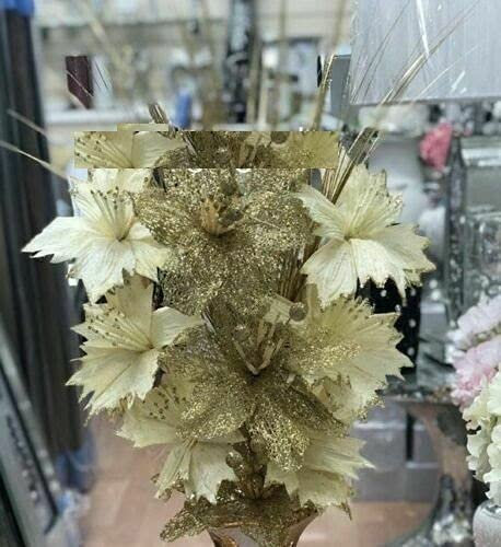 CRYSTAL CROWN Artificial Silk Glitter Flowers for Vase, Home Decor, Wedding Centrepiece, Table Arrangement, Bunch, Gold (Gold)