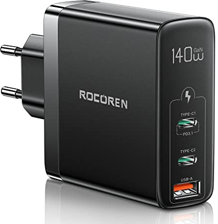 Rocoren Caricatore USB C Macbook Pro 140W, PD3.1 Alimentatore 3 porte GaN Tech carica rapida Compatibile con MacBook Pro 16″, MacBook Air, iPad Pro, Samsung Galaxy, Dell, iPhone, Huawei, Xiaomi, Pixel