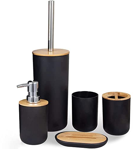 Set Juego 5 Accesorios Baño en Negro/Bambú Cuarto Baño Aseo Dispensado Jabón Soporte Cepillos Vaso Jabonera Escobilla BN-5395