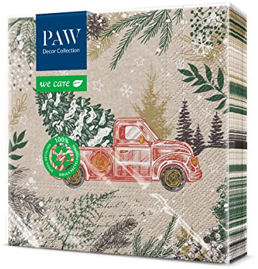 PAW - Servietten 3-lagig (33 x 33 cm) I 20 Stück I Papierservietten Bunt Perfekt für den Weihnachtstisch I Servietten - Weihnachten, Winter, Weihnachtsbaum, Auto I Vintage Christmas Car
