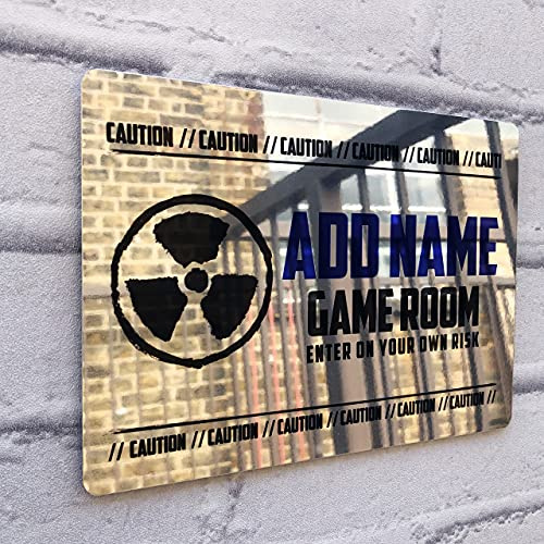 ShopQuality4U Personalised Game Metal Mirror Gamer Sign - Customised Printed Wall Art Plaque A3 Caution Gaming