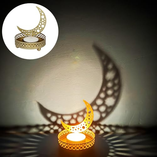 Orientalischer Teelichthalter Mond als Wohndeko aus Metall, Gold 8 cm