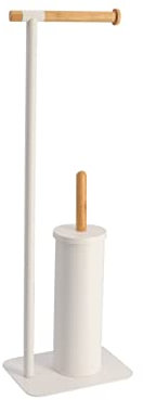 TENDANCE Brosse WC avec Support et Dérouleur Papier Toilette en métal Blanc et Bambou H 69.5 cm