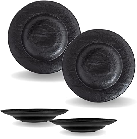 Wilmax | Tiefe Schalen - 2 Stück 25,5 cm / 350 ml | Schwarze Pastateller | Natursteintextur | Für Pasta, Suppen, Salate, Hauptgerichte | Kratzfester Suppenteller | Spülmaschinen- und Mikrowellenfest
