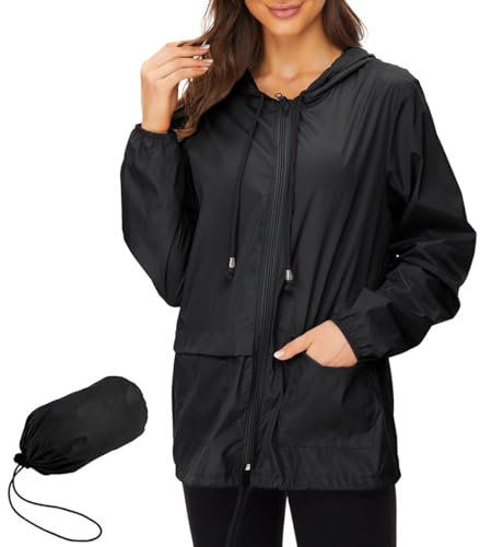 Zando Veste de pluie pour femme - Manteau court - Léger - Coupe-vent avec capuche - Coupe-vent, Noir , L
