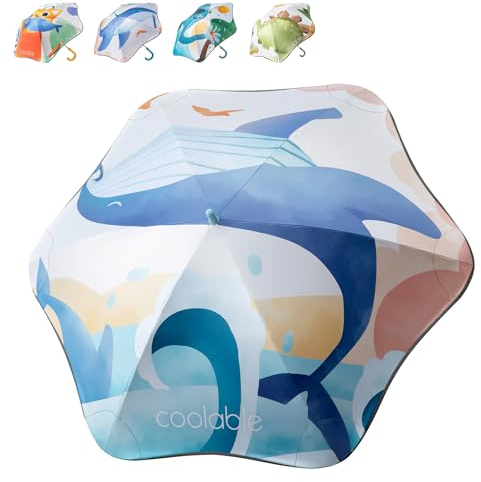 coolable Regenschirm für Kinder, Motiv Tiere, UPF 50+, Stockschirm, für Jungen und Mädchen, Durchmesser 90 cm, Rand reflektierend(Blauwal)