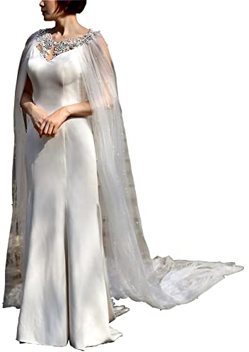 Premium Lange Tüll Kathedrale Hochzeit Accessoires Capes Hochzeit Schal Kristall Schmuck Blumen Applikationen Braut Halskette Perlen Wraps Umhang Schleier (Off White)