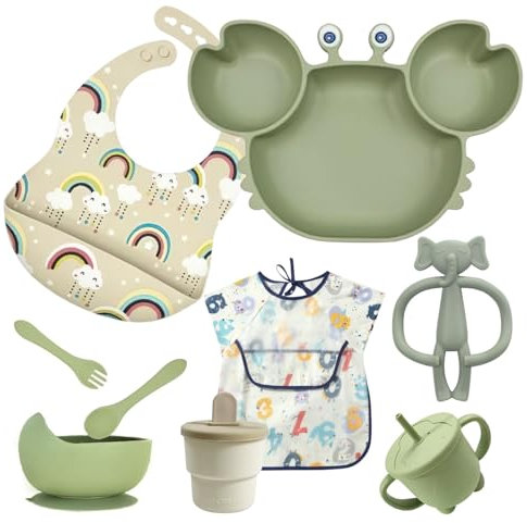 ASENME Set de alimentación para bebes de silicona de nueve piezas Vajillas (Verde)