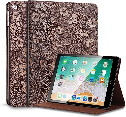 Gexmil Leder Hülle für iPad 9,7 Zoll 6./5. Generation 2018/2017-iPad Air 2/1 Gen. Echt Leder Cover Stoßfest,rutschfest,Automatischer Schlaf/Aufwachen,Einstellbarer Ständer,Schmetterlings Muster