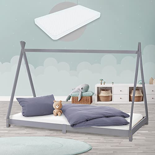 ML-Design Kinderbett Tipi 90x200 cm Hellgrau mit Matratze H:16cm, Lattenrost, Indianer Bett aus Kiefernholz, Mädchen/Jungen Hausbett, Bodenbett Kinderhaus Jugendbett Holzbett Bettenhaus Spielbett Zelt