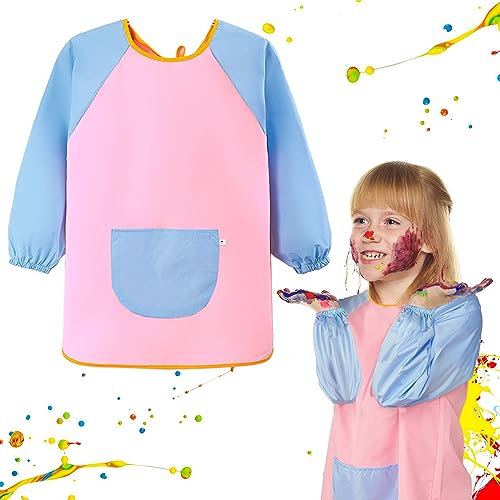 GEBETTER Malschürze Kinder Malerkittel für 7-11 Jahre Mädchen Junge Tuschkittel Wasserdicht Malkittel Bastelschürze mit Ärmeln und Big Taschen für Schule Kunst Malerei Kochen (Rosa mit Hellblau)