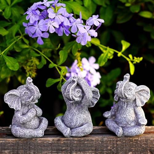 Yeomoo Yoga Elefant Gartenfirguren Zen Gartendeko Deko Wohnzimmer - Harz Elefanten Figuren Miniatur Deko Elefant Geschenke für Frauen Kinder Freundin Geburtstag Schreibtisch Zubehör 3 Stück Grau
