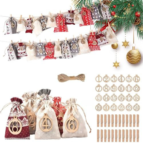 Norhogo 24 Stück Weihnachtsdeko Tüten/Säckchen, Adventskalender zum Befüllen,24 Filzbeuteln, Kleine Clips und Zahlen Holzanhänger, Adventskalender Zahlen Aufklebern, Weihnachtskalender Geschenktüten