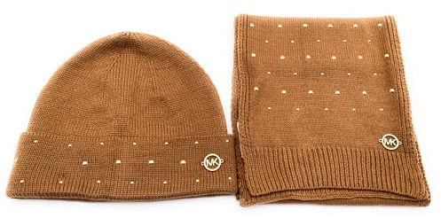Michael Kors Schal & Mütze SET I Winterschal I Beanie I Wollschal I Wintermütze I One Size I Weiche Acrylwolle I Logo I Goldene Perlen-Pailetten I Goldener Geschenkkarton (BRAUN)