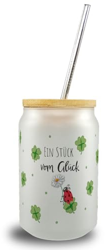 speecheese Marienkäfer Trinkglas mit Bambusdeckel mit Spruch Ein Stück vom Glück ein niedliches Glas für Dein Lieblingsgetränk Motiv Frauen Geburtstag Glücksbringer Glück Kleeblatt Silvester