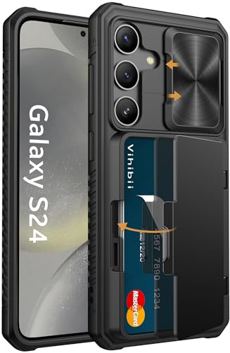 Vihibii für Samsung Galaxy S24 Hülle mit Kartenfach & Kameraschutz & Ständer, Militärschutz Stoßfeste Handyhülle rutschfest Kratzfeste Schutzhülle für Samsung Galaxy S24 6,2'', Schwarz
