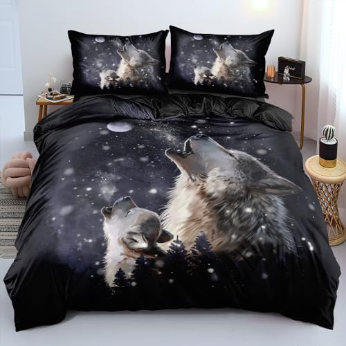 Luowei 3D Bettwäsche 155x220cm Bettwäsche Set 3D Wolf Muster Weich Mikrofaser Bettbezug mit Reißverschluss und 2 Kissenbezüge 80x80cm