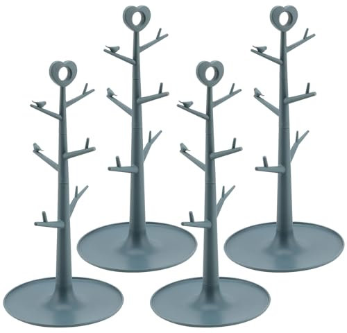 UNGFEI 4 PCS Blue 6 Mugs Plastic Mug Tree, Coffee Cup Holder with 6 Hooks, Removable Organizer Mugs Tree Rack Stand for Kitchen Bar Cabinet
