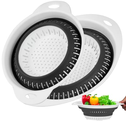 Collapsible Colander with Handle, 2 Pcs Strainers and Colanders, Foldable Kitchen Plastic Silicone Pasta Colanders & Food Strainers, Collapsible Kitchen Strainers for Draining Vegetables Fruits