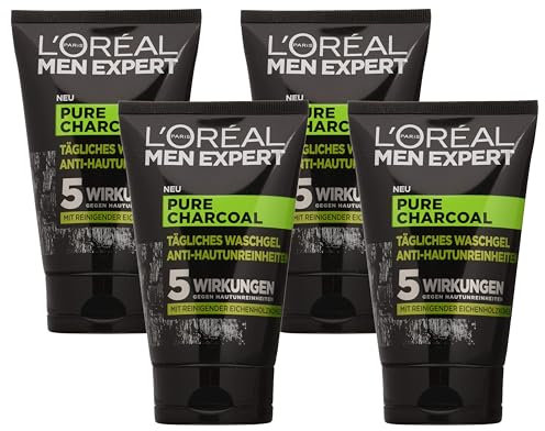 L'Oréal Men Expert L'Oréal Paris Men Expert Waschgel für das Gesicht, Unreine Haut, Gesichtsreinigung für Männer, Pure Carbon Waschgel Anti-Hautunreinheiten, 1 x 100 ml (Packung mit 4)