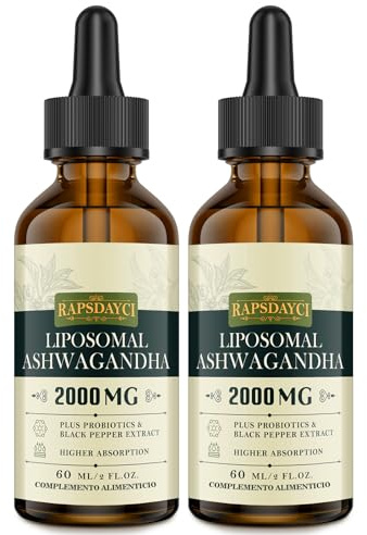 2000mg Liposomale Ashwagandha Tropfen, Hochdosiert Ashwagandha Wurzelextrakt, Original indische Schlafbeere, 7% Withanoliden, 5X Konzentration, Praktischer als Kapseln, 60ml (2er Pack)