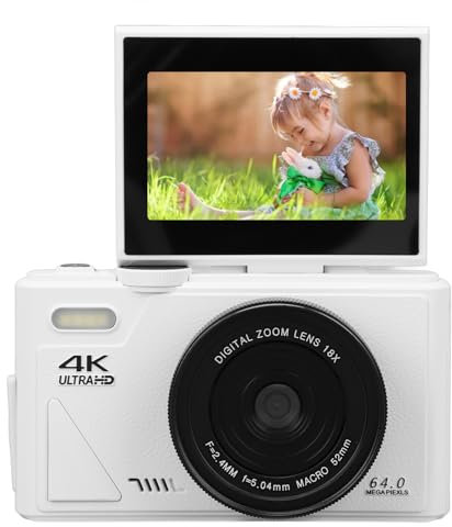 Digital Camera with Flip Screen LCD, UHD 4K 64MP Camera, Digital Point and Shoot Camera with 18X Zoom, Vlogging Camera for Travel Photography Vlogging (White)