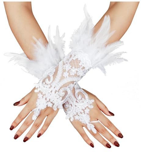 keland Feder Handschuhe Halloween Spitzenhandschuhe Federhandschuhe Maleficent Kostüm Damen (Weiß-1)