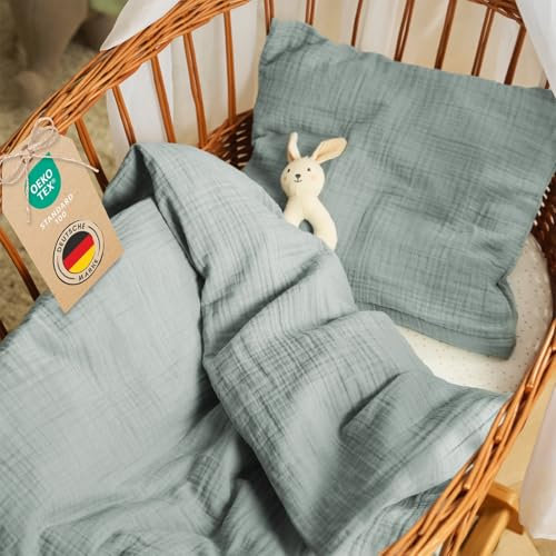 Laleni Baby Bettwäsche 80x80 cm aus Baumwolle - Musselin Bettwäsche Baby 80x80 + Musselin Kissenbezug 35x40 cm - Oeko-TEX zertifizierte Bettwäsche Sommer - Kinderwagen Bettwäsche Blau Baumwolle