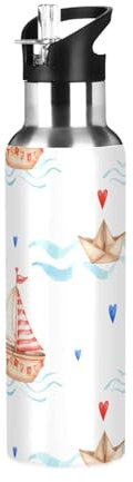Sevdomey Cartoon Boats Water Bottle with Straw Lid 20 oz,Stainless Steel Vacuum Insulated Water Bottle for Sports Cycling Hiking Gym School Home