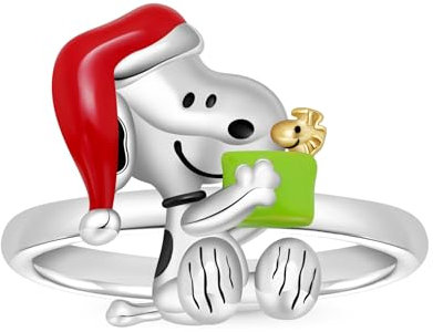 GNOCE Peanuts Snoopy Umarmung Weißer Diamant Ring 925 Sterling Silber Geschenk für Damen Mädchen Mit Schmuckschatulle zum Weihnachten Valentinstag (Weihnachts-Snoopy, 54)