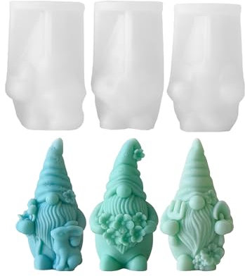 Xidmold 3 Stück Ostern Wichtel Kerzeform 3D Wichtel mit Schaufel Kaninchen Blume Silikonform für Fondant, Sojawachs Kerzen, Seife, Gips, Epoxidharz, Beton, Garten Deko