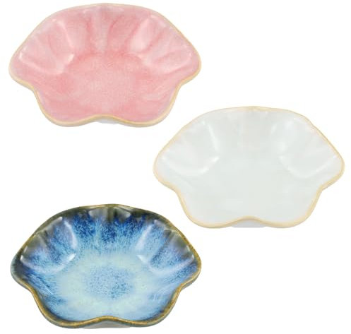Amexo 3 Pezzi Ceramica Piattino Portagioie, Vassoio Gioielli Ceramica Decorativo Jewelry Bowl Piatto Portagioie in Ceramica per Anelli Collane Bracciali Regalo di nozze (Bianco, Rosa, Blu)