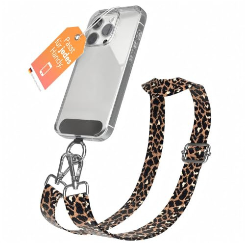 EAZY CASE - Handykette Universal zum Umhängen kompatibel mit jedem Handy Kette mit Hülle kombinierbar Handykordel mit Karabiner für Handyhülle Handyband zum Umhängen Leo - Schwarz Braun Silber