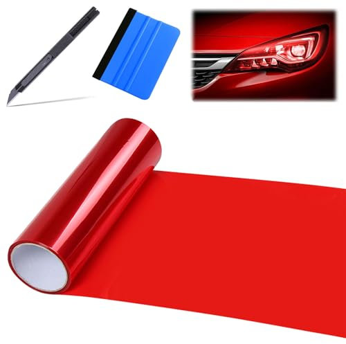 BASTOUR Scheinwerfer Folie Tönungsfolie Aufkleber, Scheinwerfer Tönungsfolie, Rückleuchten Folie, Auto Licht Tönungsfolie, Tönungsfolie Scheinwerfer, Zuschneidbar, mit Schaber, 30X120cm (Rot)